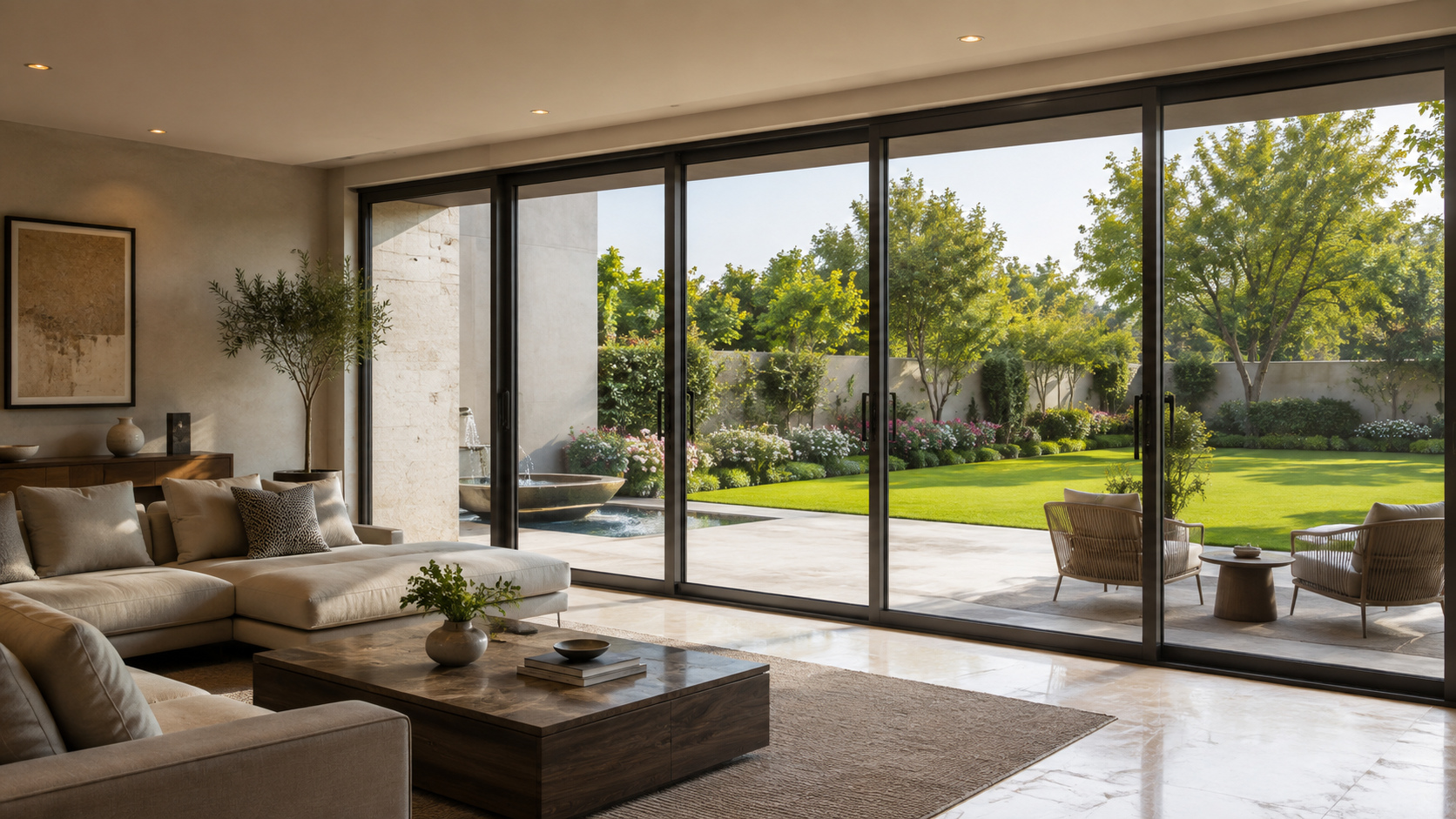 Living room with a large window opening and clear daylight, design inspiration