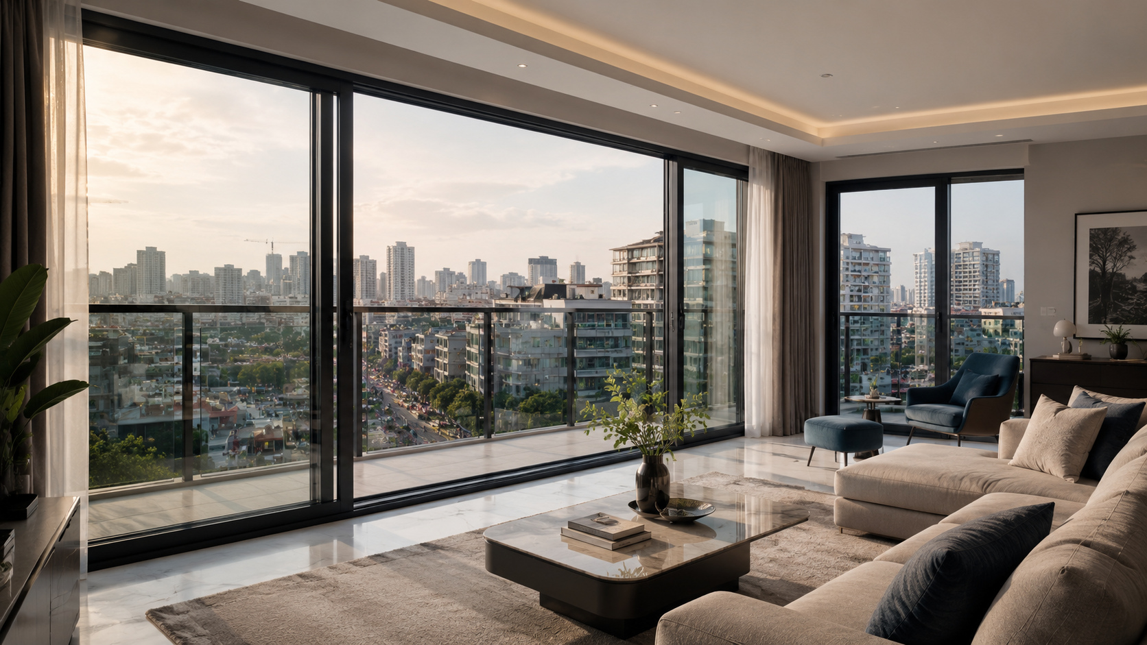 Urban living room with a large window opening, design inspiration