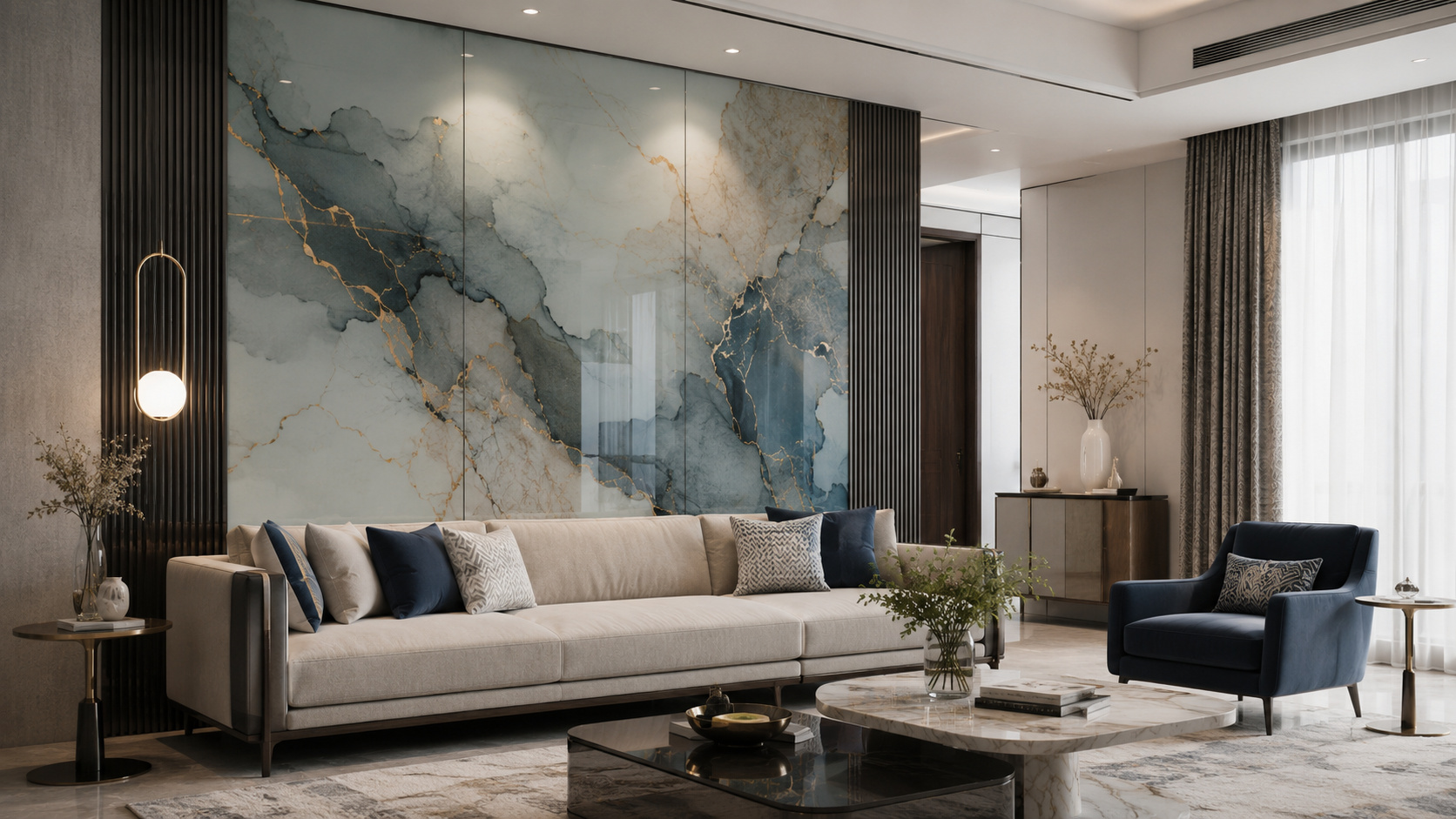 Living room with a personalised printed feature panel, design inspiration